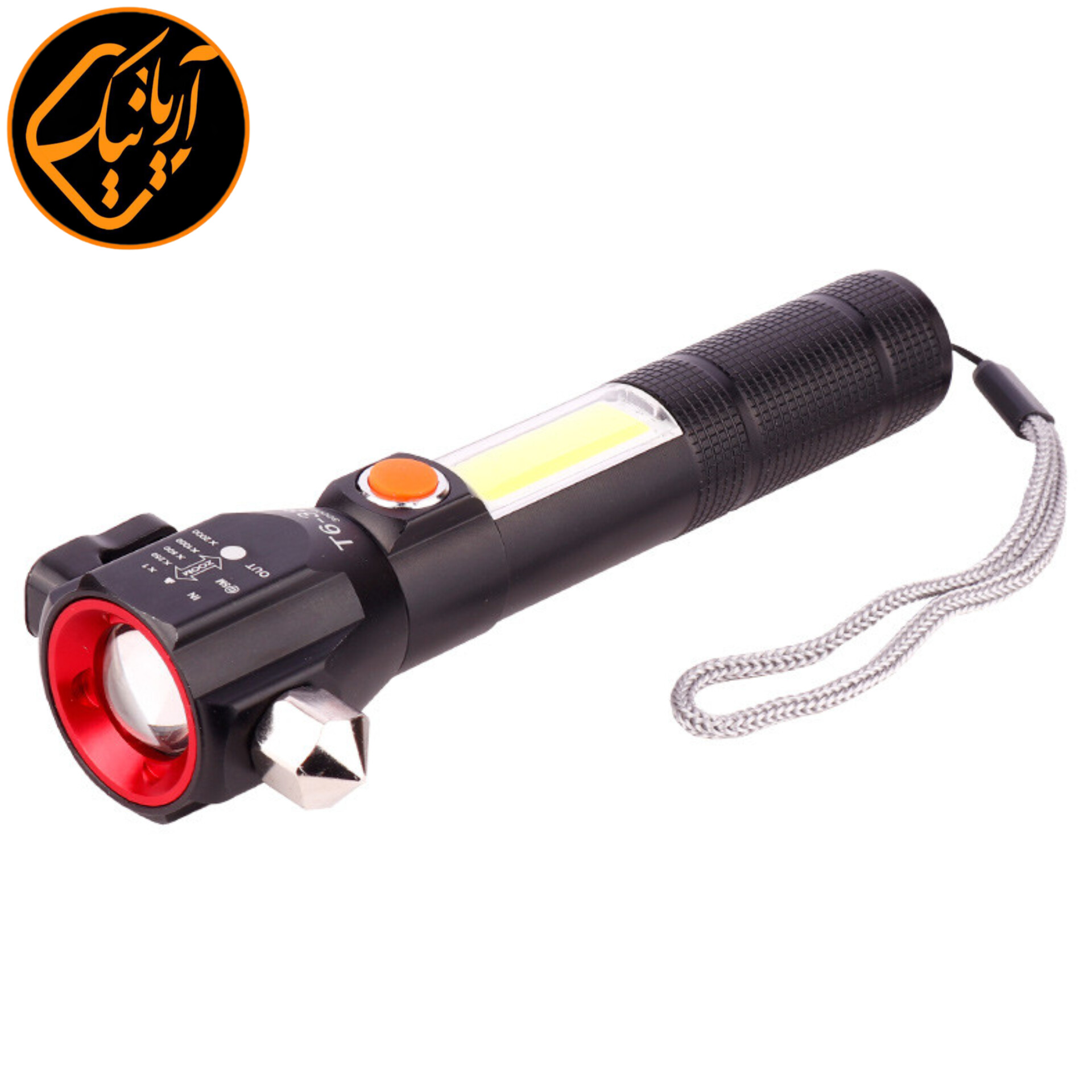 چراغ قوه پلیسی شارژی با قدرت زوم بالا دارای چکش و چاقوی اضطراری و آهنربا ۴ حالته T6-38