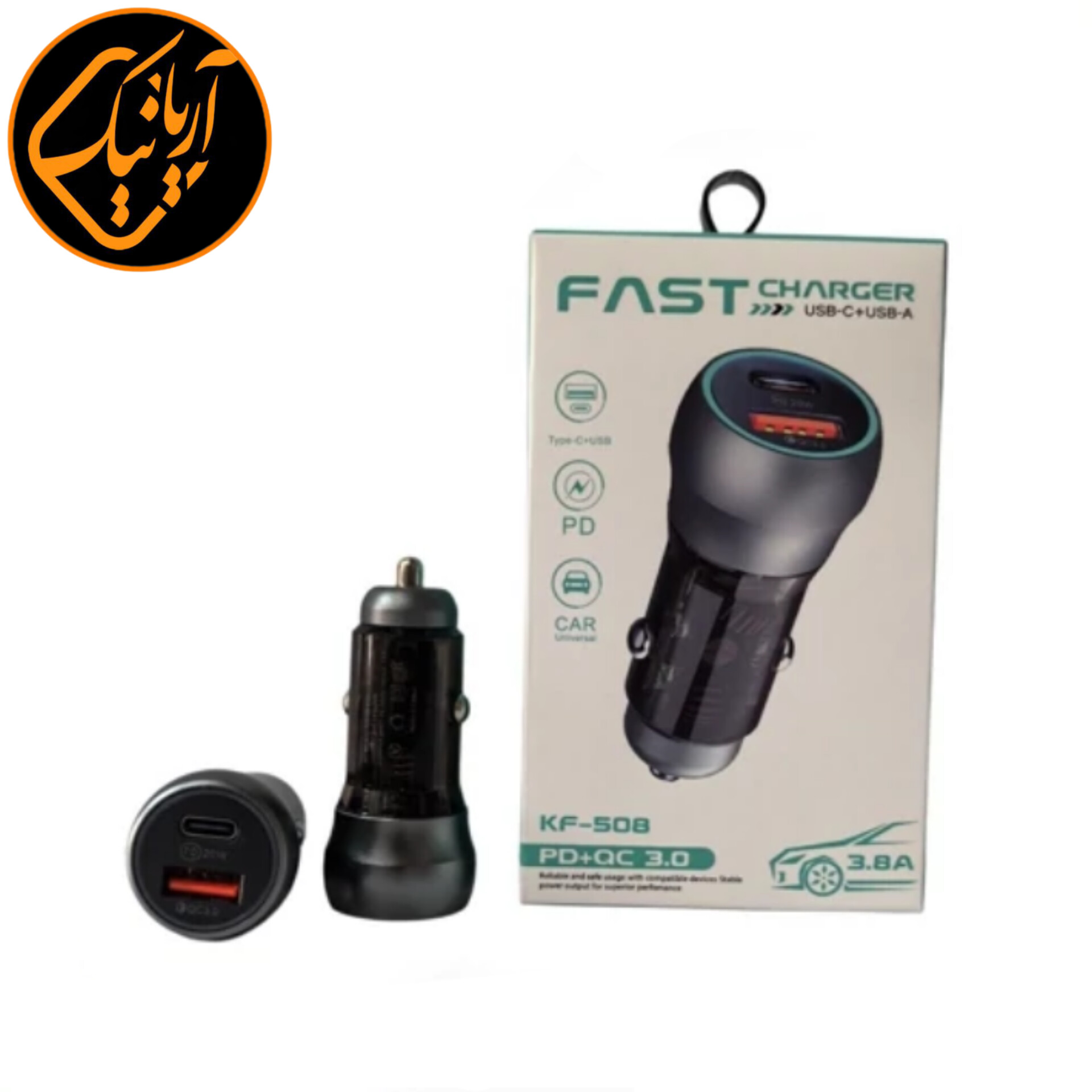 شارژر فندکی بدنه آلومینیومی اصلی KF-508 فست شارژ PD+QC3.0 دو پورت USB و Type-C با توان 3.8 آمپر