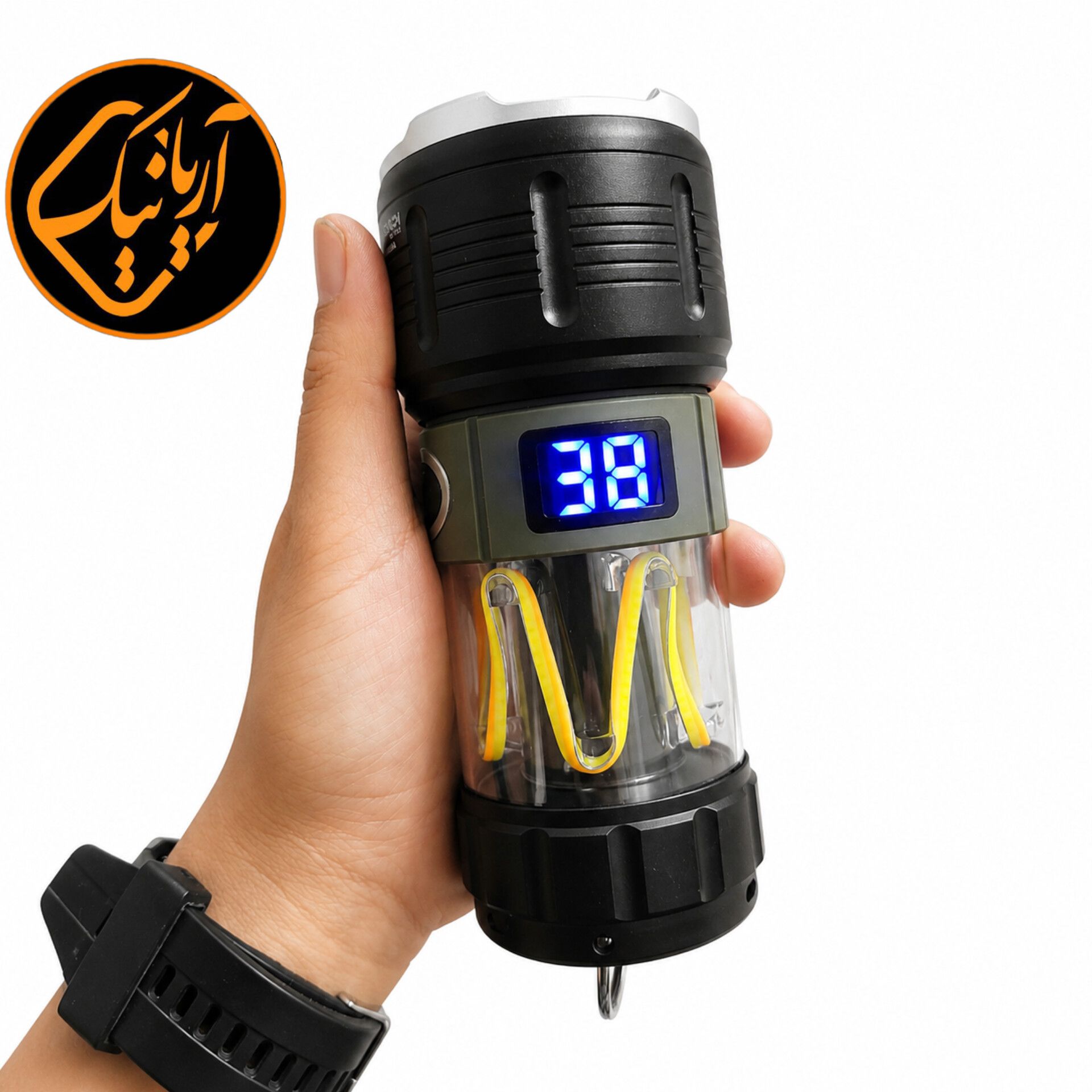 چراغ قوه و چراغ کمپینگ شارژی کینساچ با خروجی پاوربانک و نمایشگر دیجیتال شارژ و نوردهی قوی همراه بند اصلی