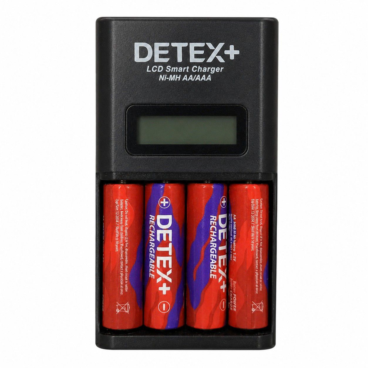 شارژر هوشمند باتری قلمی و نیم قلمی DETEX+ LCD به همراه ۴ عدد باتری قلمی شارژی AA | قابلیت قطع اتوماتیک