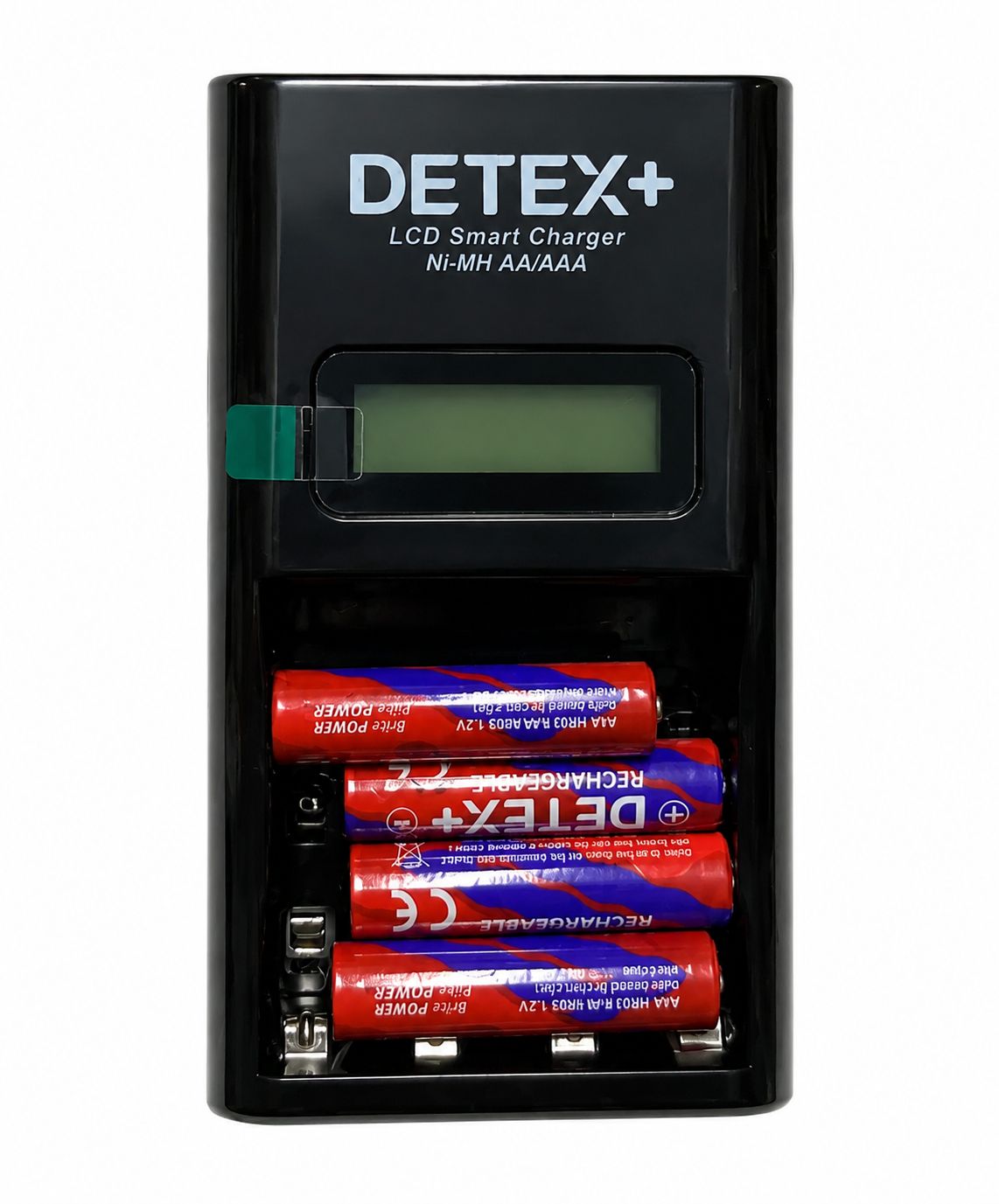 شارژر باتری قلمی و نیم قلمی DETEX+ LCD Smart Charger به همراه ۴ عدد باتری نیم قلمی شارژی AAA