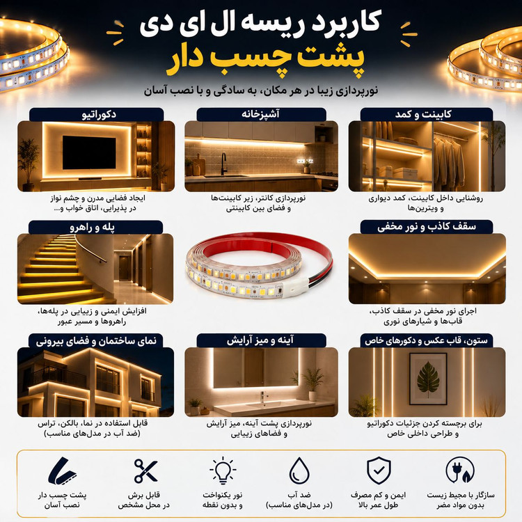 پک 3 عددی ریسه شلنگی LED 220 ولت مدل 2835 پشت چسبدار | مناسب کابینت و دکوراسیون