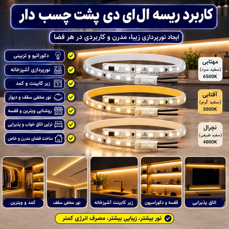 پک 3 عددی ریسه شلنگی LED 220 ولت مدل 2835 پشت چسبدار | مناسب کابینت و دکوراسیون