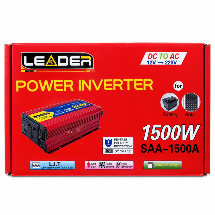 اینورتر 1500 وات لیدر مدل SAA-1500A اصلی مبدل برق 12 به 220 ولت دارای پورت USB مناسب برای سفر، کمپینگ و شرایط اضطراری