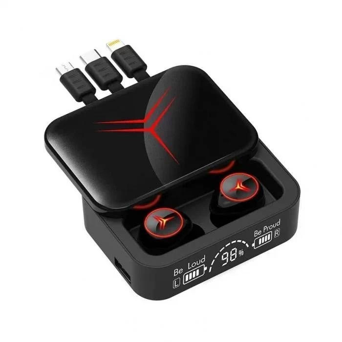 ایرپاد بلوتوثی و پاور بانک ENC مدل M88 Plus اصلی دارای سه کابل type-C, لایتنینگ و micro usb، بلوتوث نسخه 5.3، قابلیت نویز کنسلینگ، طراحی اسپرت با نورپردازی RGB مناسب موسیقی، مکالمه، بازی و ورزش