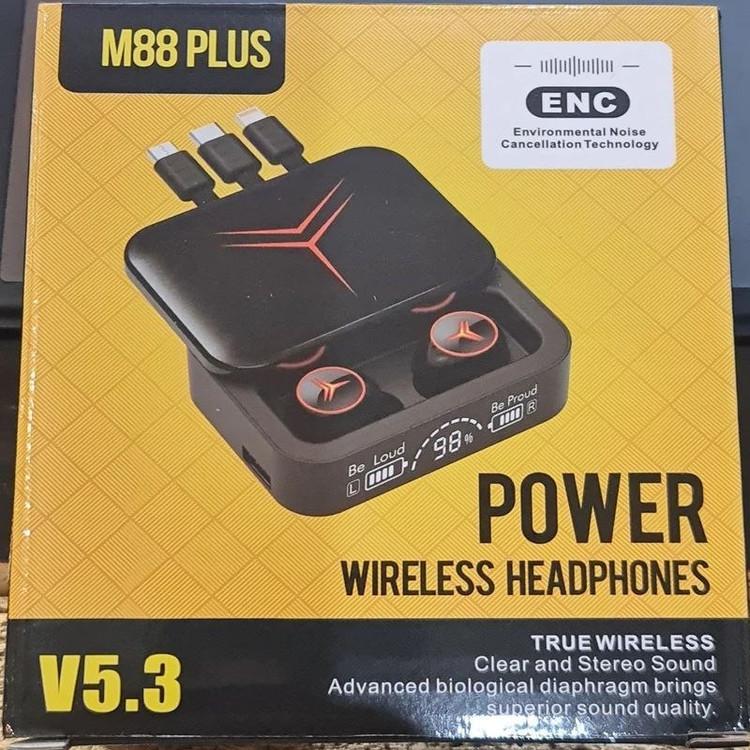 ایرپاد بلوتوثی و پاور بانک ENC مدل M88 Plus اصلی دارای سه کابل type-C, لایتنینگ و micro usb، بلوتوث نسخه 5.3، قابلیت نویز کنسلینگ، طراحی اسپرت با نورپردازی RGB مناسب موسیقی، مکالمه، بازی و ورزش
