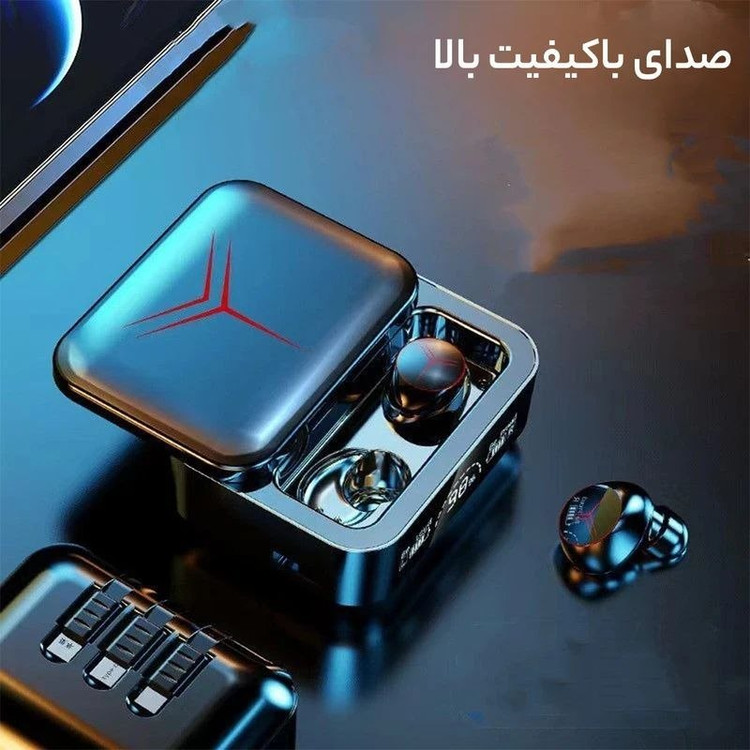 ایرپاد بلوتوثی و پاور بانک ENC مدل M88 Plus اصلی دارای سه کابل type-C, لایتنینگ و micro usb، بلوتوث نسخه 5.3، قابلیت نویز کنسلینگ، طراحی اسپرت با نورپردازی RGB مناسب موسیقی، مکالمه، بازی و ورزش