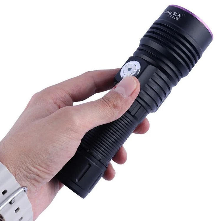 چراغ قوه یووی شارژی اسمال سان مدل ZY-H26 UV اصلی فرابنفش با باتری ۶۸۰۰ میلیآمپر ساعت و درگاه شارژ Type-C، مناسب تشخیص اسکناس تقلبی و بررسی سنگهای معدنی